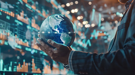 Businessman with a futuristic dashboard analyzing a graph of future market trends, holding a globe, showcasing global financial decisions, detailed trade patterns, integration of advanced technology