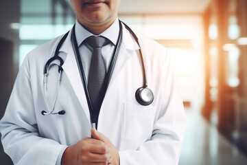 Doctor With Stethoscope with Hospital blur background, copy space, generative ai