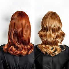 Fototapeta premium Hair color transformation, before and after, female, on white background