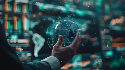 Businessman with a futuristic dashboard analyzing a graph of future market trends, holding a globe, showcasing global financial decisions, detailed trade patterns, integration of advanced technology