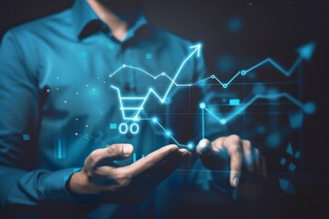 Naklejka premium Merchant, touch, transparent screen, Virtual sales, Merchants touch virtual sales growth charts and shopping cart ICONS on a transparent screen, representing the concept of business success. This pers