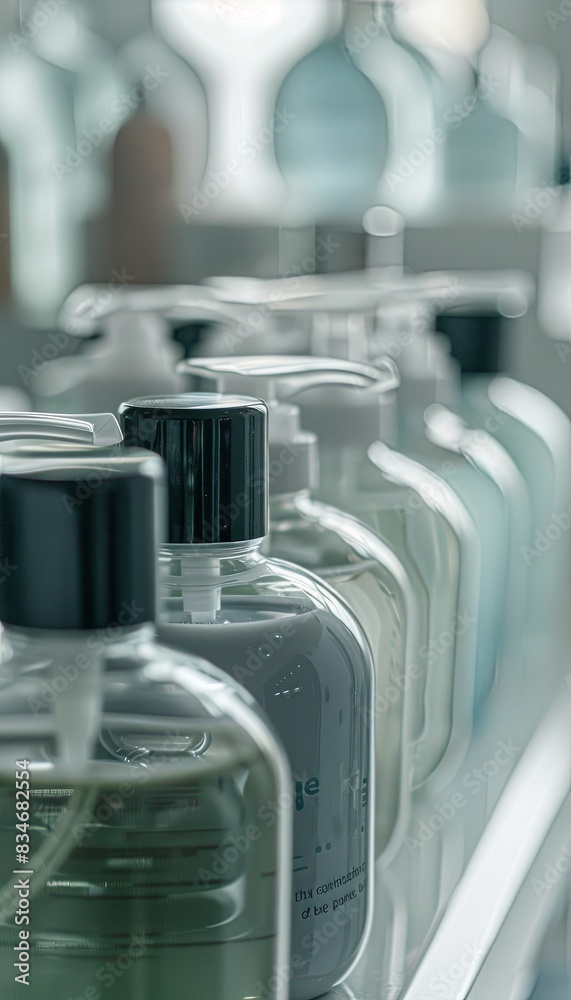 Poster A close-up shot of sleek shampoo and conditioner bottles on a shelf in a modern bathroom. Generative AI
