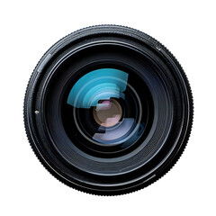 Close-up of a black camera lens with colorful reflections on a on transparent background