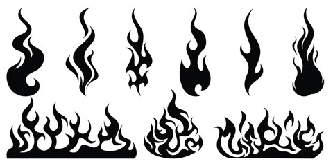 Silhouette Fire flames. Old school tattoo neo-tribal style or silhouette flame for cars. set vector icons. Fire sign. Fire flame icon isolated on white background. Vector illustration	