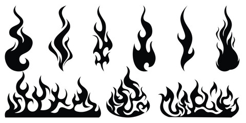 Silhouette Fire flames. Old school tattoo neo-tribal style or silhouette flame for cars. set vector icons. Fire sign. Fire flame icon isolated on white background. Vector illustration  © THETO STUDIO