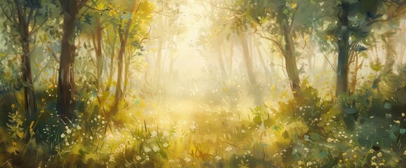 Obraz premium A Sun-Dappled Forest Glade With Wildflowers And Dappled Sunlight Filtering Through The Leaves, Inviting Quiet Contemplation And Peaceful Reverie, Rendered In A Soft