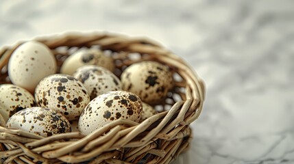 Obraz premium A basket holds brown and white eggs atop a marble counter, adjacent to a white and gray one A black speckled egg sits in the gray counter's indentation