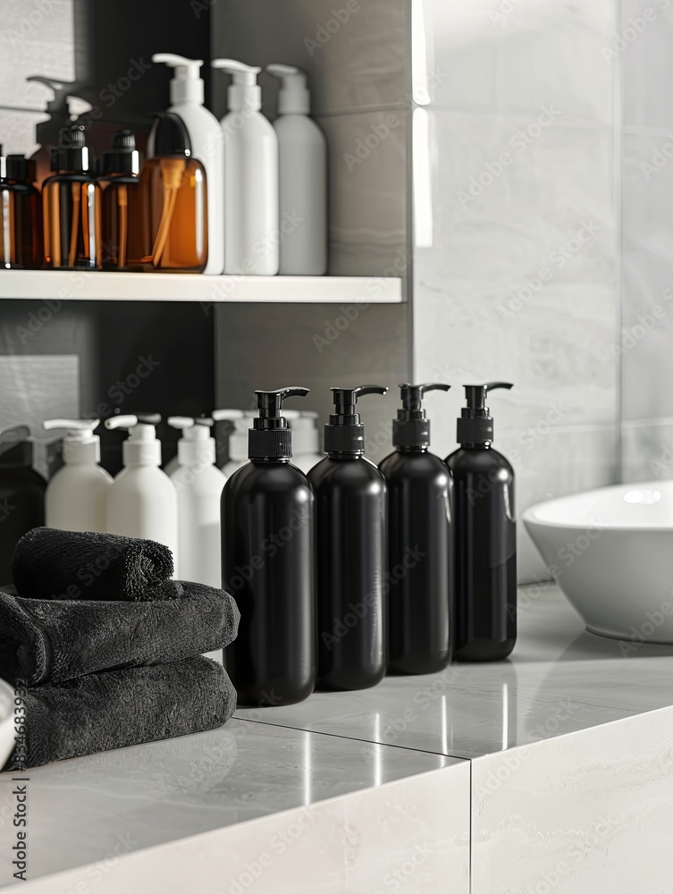 Poster a close-up of four stylish, black shampoo and conditioner bottles on a bathroom countertop. generati