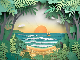 Summer time on the beach with flowing sea, sand, sun, surrounded by tall trees and lush greenery, peaceful concept paper cut craft 
