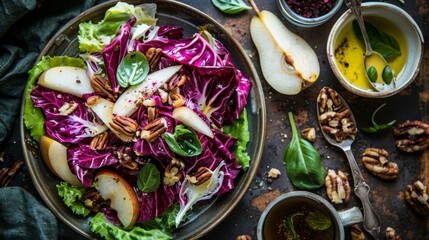 an apple-laden plate, walnuts scattered nearby, a steaming cup of tea, and a placed spoon