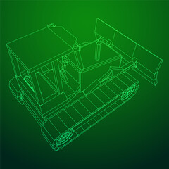 Big front-end loader bulldozer. Heavy equipment machine and manufacturing equipment for mining. Wireframe low poly mesh vector illustration.