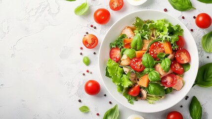 tomatoes, lettuce, and diverse vegetables on a pristine surface Green tomato slices garnish the bowl's edge