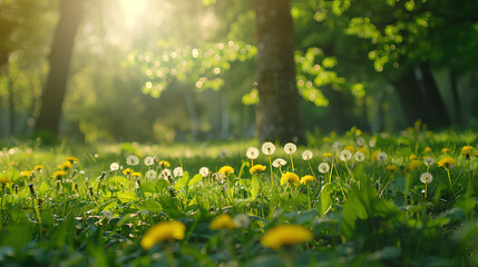 Fototapeta premium Beautiful spring natural background. Landscape with young lush green grass with blooming dandelions against the background of trees in the garden