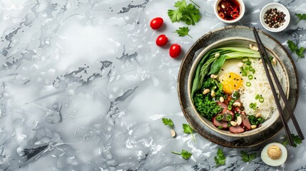  A marble countertop holds a bowl of rice, beans, tomatoes, and an egg Chopsticks rest beside a separate bowl containing food