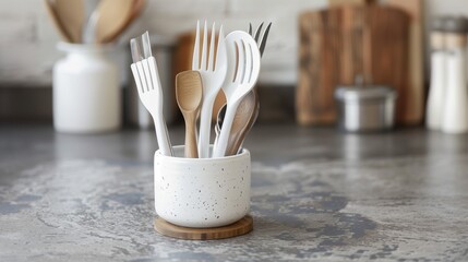 Minimalist white ceramic kitchen utensils in a wooden holder on a gray countertop, modern home decor