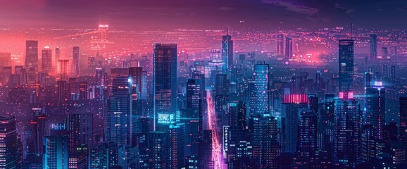 Obraz premium City Skyline At Night With Illuminated Skyscrapers, Bustling Streets, Futuristic Atmosphere, Digital Art Style, Vibrant Neon Palette, Ambient Glow