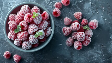  A bowl of raspberries adjacent to another, both atop a gray surface The first holds a single green leaf, while the second features ripe raspberries at its center