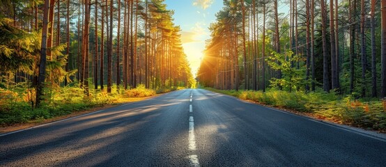 Closeup of asphalt highway with trees background in forest