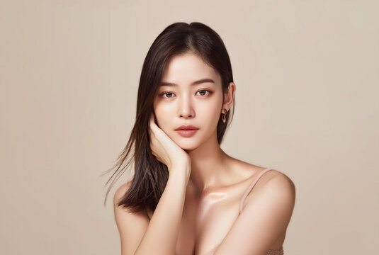 Studio shot of a Beautiful Asian idol girl with healthy skin looking at the camera. Natural makeup of a beautiful model with copy space. Cosmetic concept.