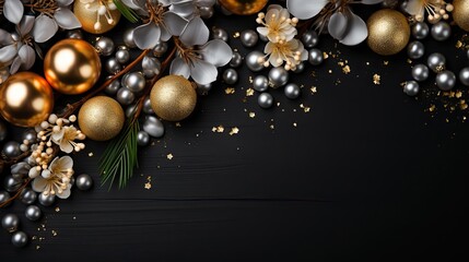 Fototapeta premium Top view of Christmas decorations with light bulb ornaments and plants