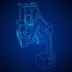 Heavy equipment excavator machine manufacturing power equipment for open pit mining. Wireframe low poly mesh vector illustration