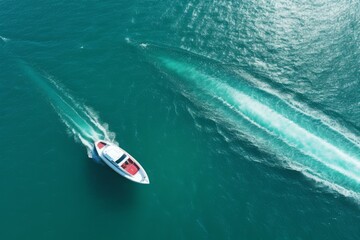 Naklejka premium Aerial view of a white speedboat leaving a wake in the crystal-clear ocean