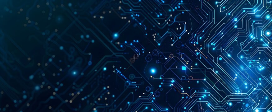 Abstract blue technology background with a circuit board pattern and glowing dots, using a dark color palette, in the style of a flat design, for a web banner
