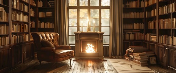 Cozy Study With Bookshelves, Leather Armchair, Fireplace, Nostalgic Feel, Vintage-Inspired Illustration Style, Sepia Tones, Soft Candlelight