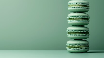  A stack of green macaroons against a light green wall, set before a uniform green backdrop Macaroons align vertically, each atop the other