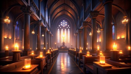 Fototapeta premium Softly glowing candles illuminate a serene, dimly lit church interior at night, evoking a sense of reverence, prayer, and contemplation, perfect for christian-themed designs.