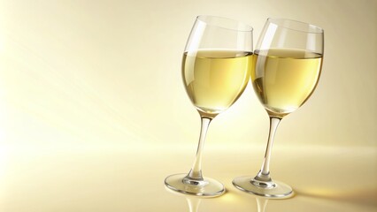Fototapeta premium Two elegant wineglasses filled with white wine, arranged artfully on a light yellow background, perfect for summer gatherings, wine shops, or romantic dinners, with ample copy space.