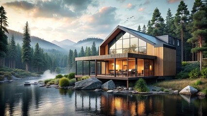 contemporary scandinavian-style cottage surrounded by lush forest, featuring large windows, modern architecture, and serene lake views, evoking cozy tranquility and perfect relaxation.