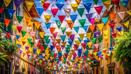 Obraz premium Vibrant handmade paper flags in assorted colors and shapes suspended above a street, evoking festive atmosphere for cultural celebrations and holidays.
