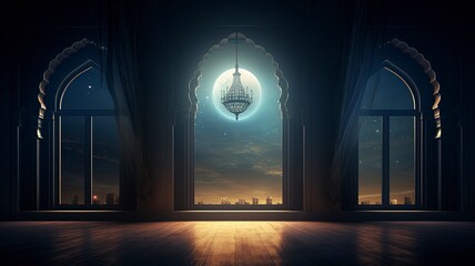 Moon light shine through the window into islamic mosque interior. Ramadan Kareem islamic...