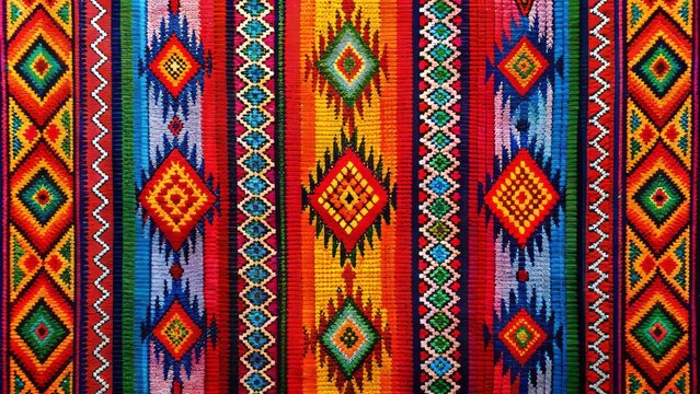 Vibrant abstract aztec-inspired geometric print featuring colorful stripes and traditional mexican tribal patterns, perfect for celebrating hispanic heritage and cultural festivities.