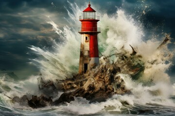 Obraz premium Powerful waves engulf a lighthouse during a dramatic ocean storm