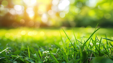 close up of green grass with blurred garden background