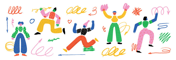 Bright abstract characters with hand-drawn scribbles. Various design elements for a website, application, presentation.