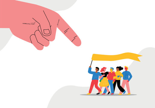 An accusing gesture directed at the crowd of the demonstration. A metaphor for discrimination against a group of people.