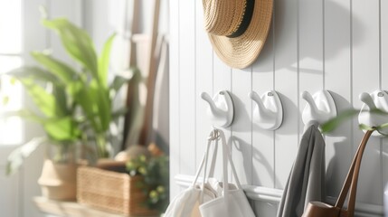 Minimalist white ceramic wall hooks in a modern entryway, modern home decor