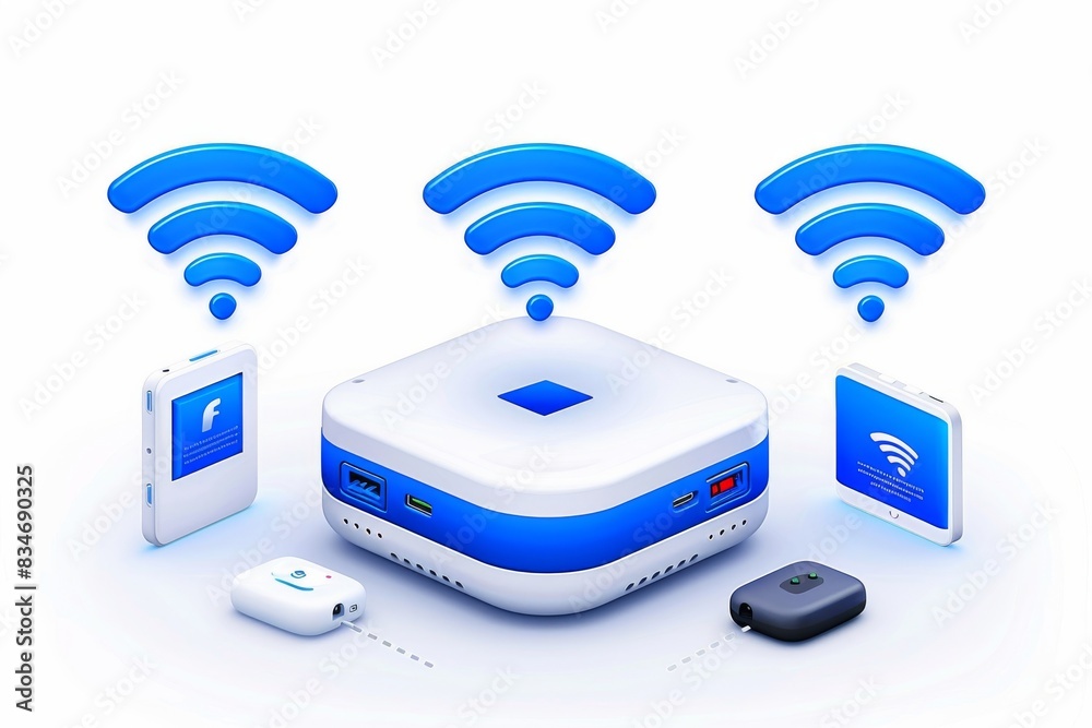 Sticker digital illustration of a smart home network with various connected devices, highlighting technology