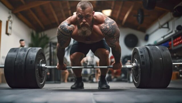 Weightlifter doing deadlifts in a gym.