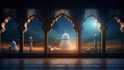 Moon light shine through the window into islamic mosque interior. Ramadan Kareem islamic...