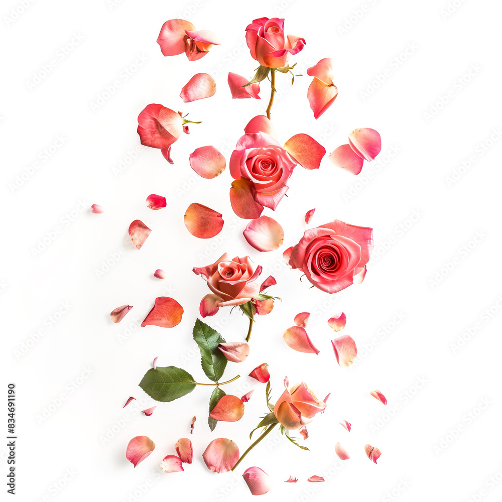 Sticker Rose flowers flying in the air, leaf, petals