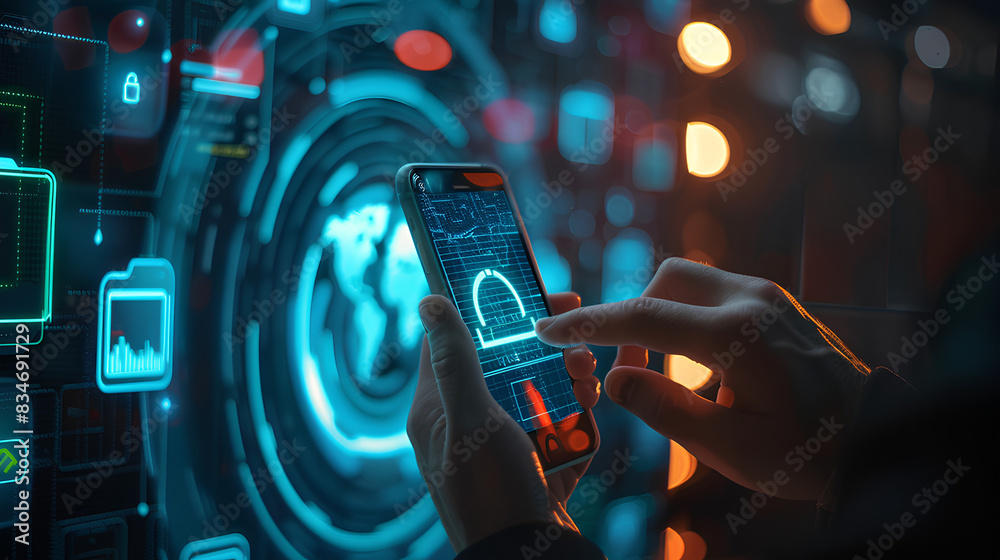 Poster cybersecurity and privacy concepts to protect data. businessman use smartphone with cyber security t