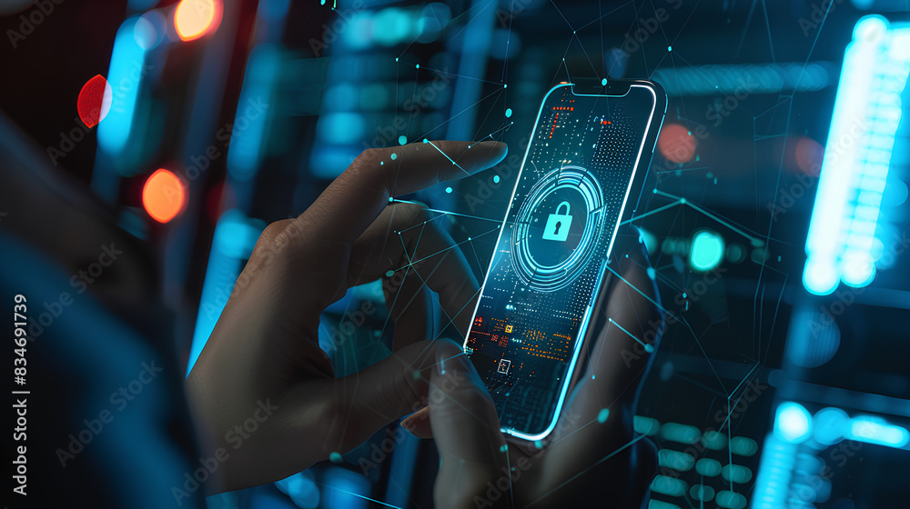 Poster cybersecurity and privacy concepts to protect data. businessman use smartphone with cyber security t