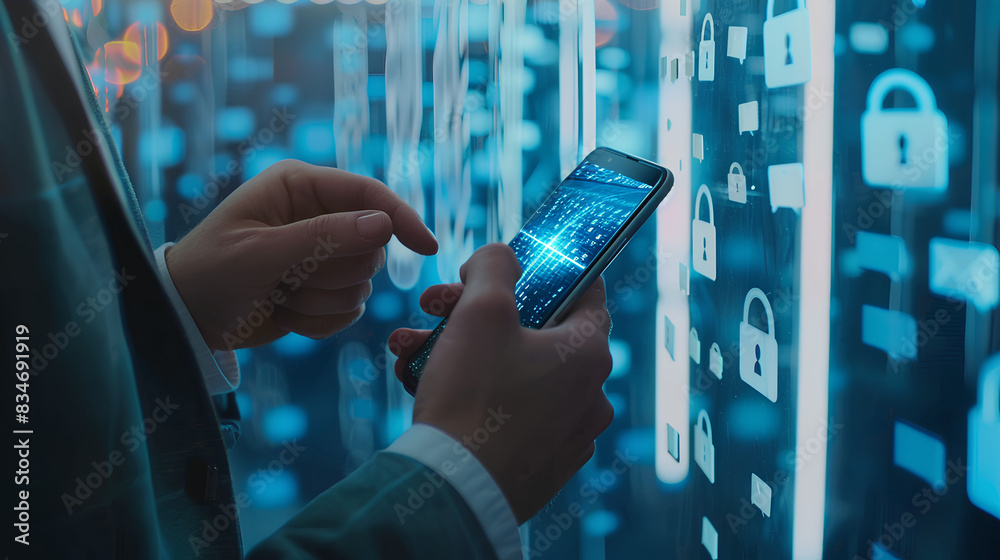 Poster cybersecurity and privacy concepts to protect data. businessman use smartphone with cyber security t