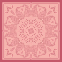 Monochrome pink scarf or bandana design with paisley mandala pattern and floral elements. Ethnic carpet design.