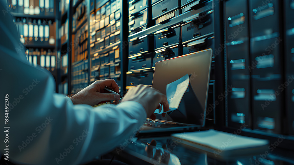 Poster document management system (dms) technology, businessman use laptop with database folder online to s