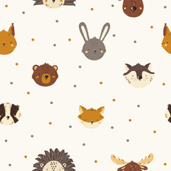Seamless pattern. Vector illustration with forest animals. Raccoon. Baby animals. Large set for clipart. Set of animals in cartoon style on a white background.